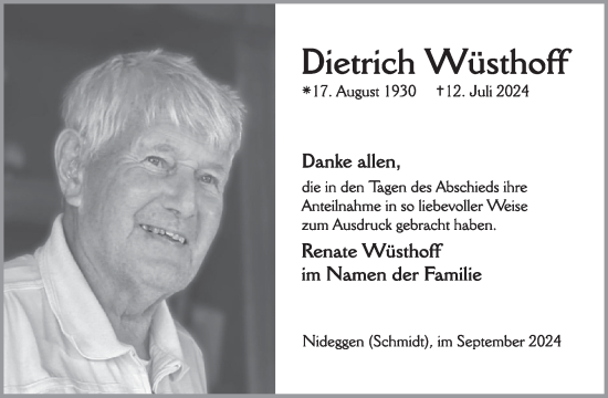 Traueranzeige von Dietrich Wüsthoff von WochenSpiegel