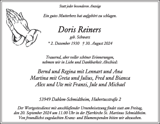 Traueranzeige von Doris Reiners von WochenSpiegel