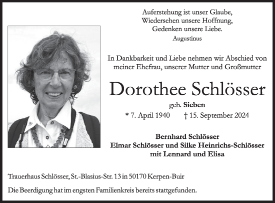 Traueranzeige von Dorothee Schlösser von WochenSpiegel