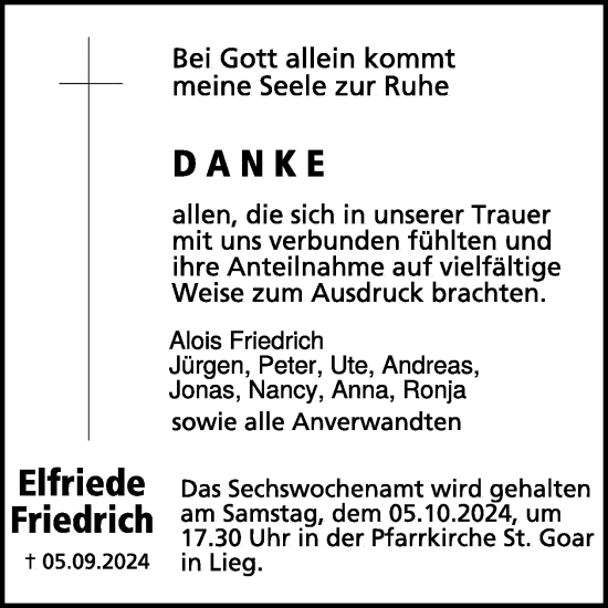 Traueranzeige von Elfriede Friedrich von WochenSpiegel