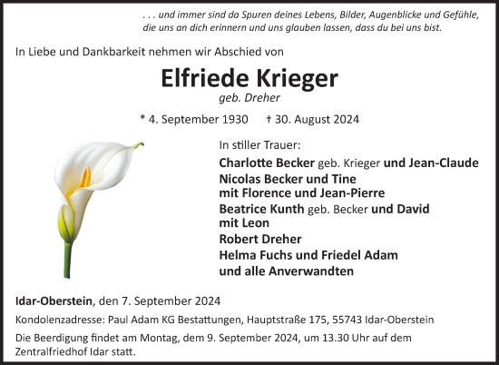 Traueranzeige von Elfriede Krieger von WochenSpiegel