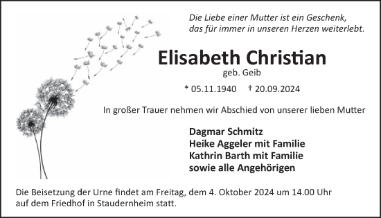 Traueranzeige von Elisabeth Christian von WochenSpiegel