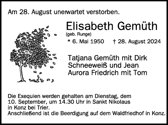 Traueranzeige von Elisabeth Gemüth von WochenSpiegel