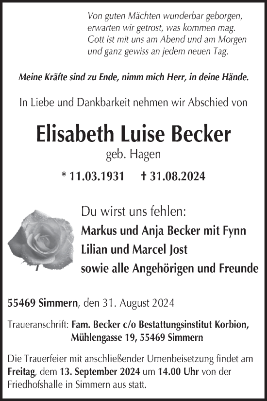 Traueranzeige von Elisabeth Luise Becker von WochenSpiegel