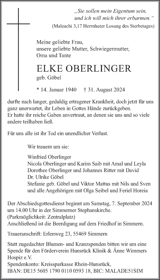 Traueranzeige von Elke Oberlinger von WochenSpiegel