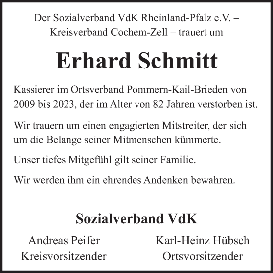 Traueranzeige von Erhard Schmitt von WochenSpiegel