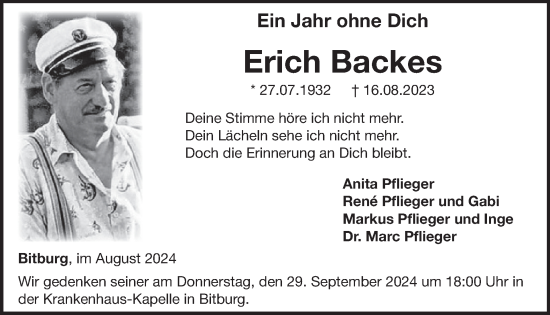 Traueranzeige von Erich Backes von WochenSpiegel