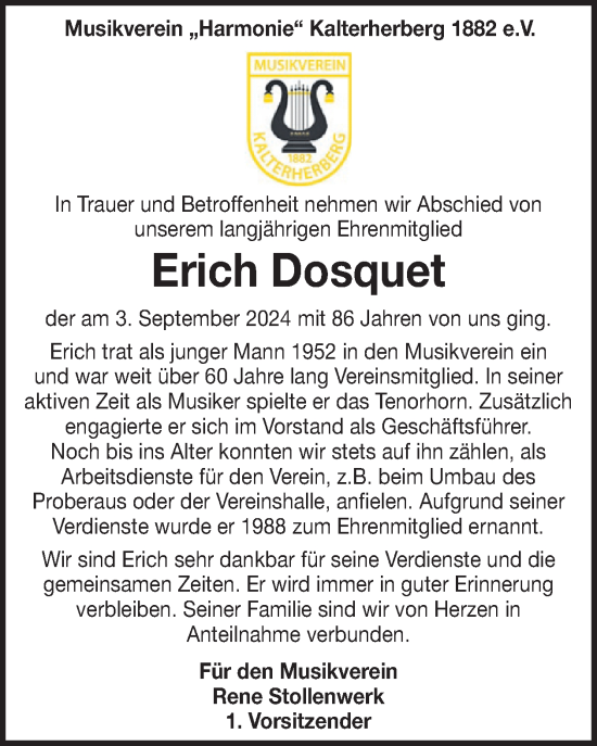 Traueranzeige von Erich Dosquet von WochenSpiegel