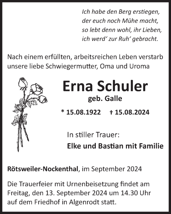 Traueranzeige von Erna Schuler von WochenSpiegel