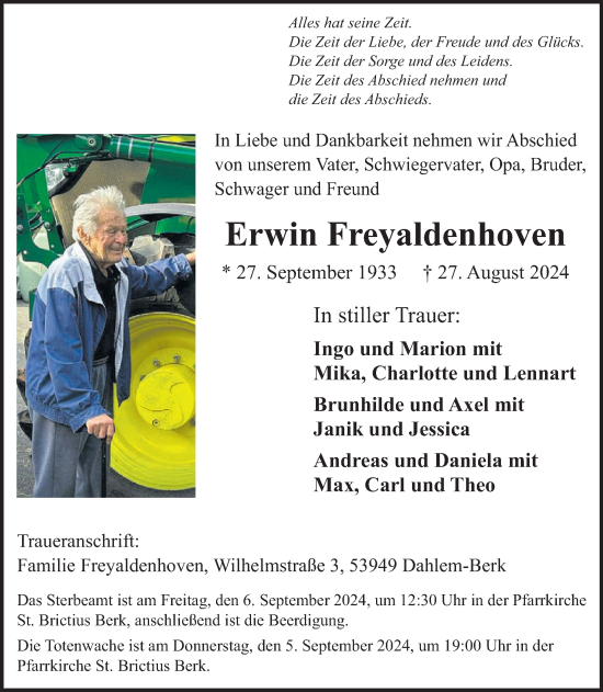 Traueranzeige von Erwin Freyaldenhoven von WochenSpiegel
