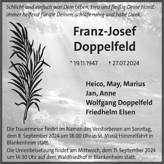 Traueranzeige von Franz-Josef Doppelfeld von WochenSpiegel