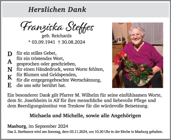 Traueranzeige von Franziska Steffes von WochenSpiegel