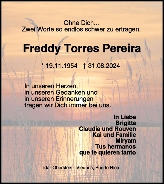 Traueranzeige von Freddy Torres Pereira von WochenSpiegel