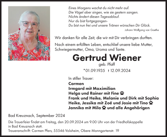 Traueranzeige von Gertrud Wiener von WochenSpiegel