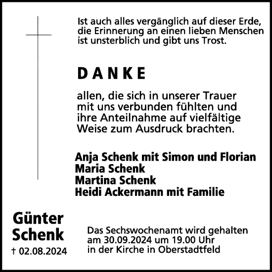 Traueranzeige von Günter Schenk von WochenSpiegel