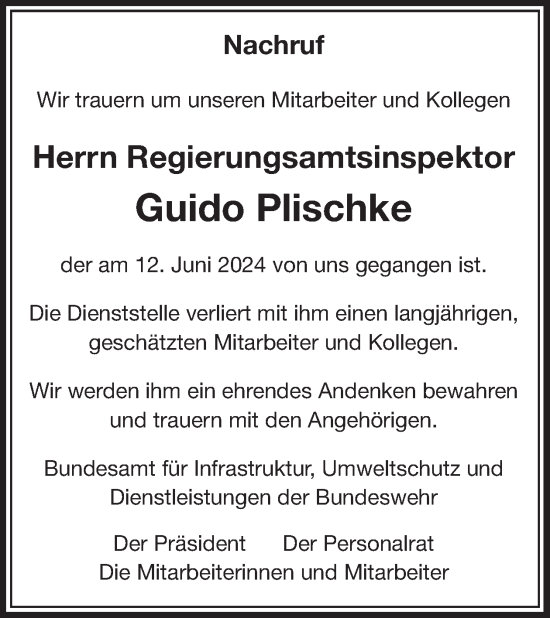 Traueranzeige von Guido Plischke von WochenSpiegel