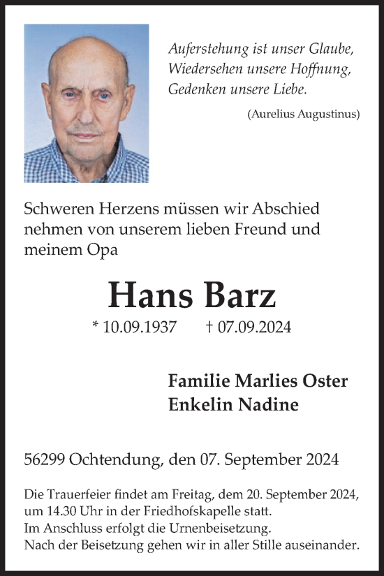 Traueranzeige von Hans Barz von WochenSpiegel