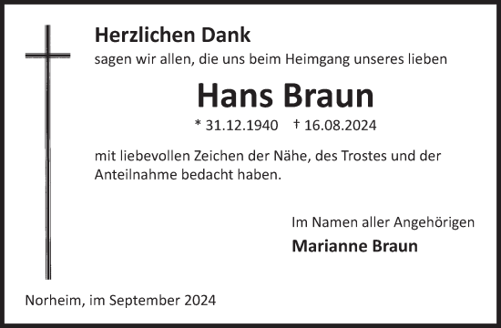 Traueranzeige von Hans Braun von WochenSpiegel