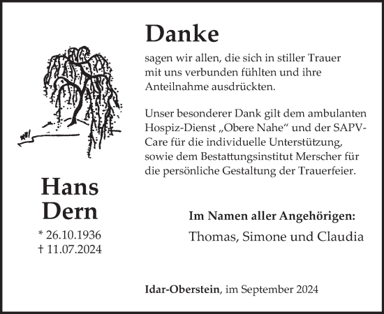 Traueranzeige von Hans Dern von WochenSpiegel