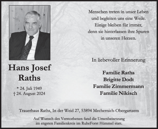 Traueranzeige von Hans Josef Raths von WochenSpiegel