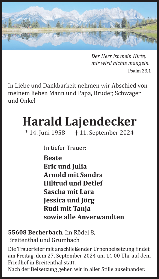 Traueranzeige von Harald Lajendecker von WochenSpiegel