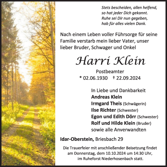 Traueranzeige von Harri Klein von WochenSpiegel