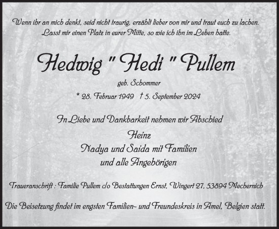 Traueranzeige von Hedwig Pullem von WochenSpiegel