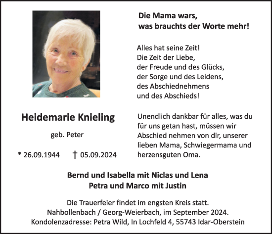Traueranzeige von Heidemarie Knieling von WochenSpiegel