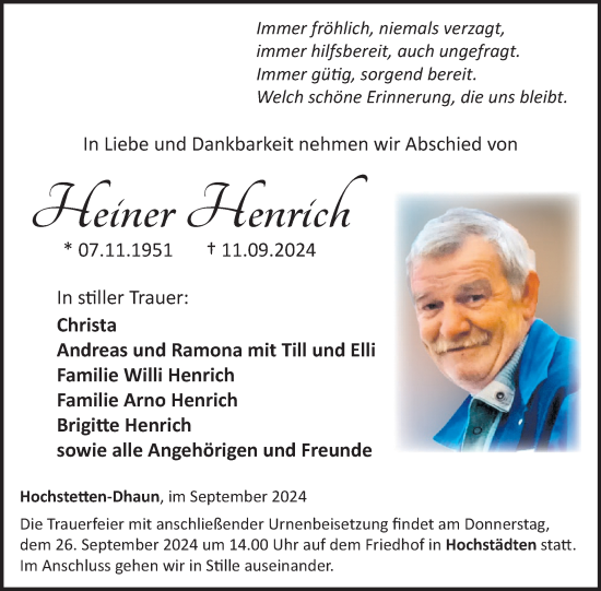 Traueranzeige von Heiner Henrich von WochenSpiegel