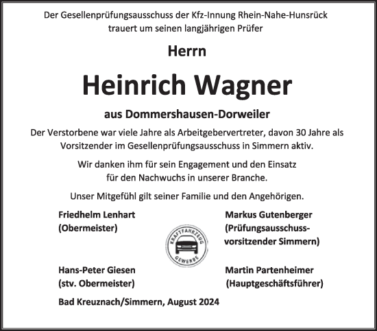 Traueranzeige von Heinrich  Wagner von WochenSpiegel
