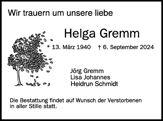 Traueranzeige von Helga Gremm von WochenSpiegel