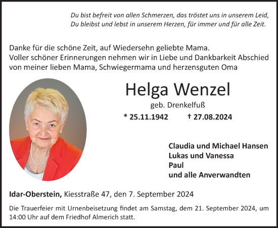 Traueranzeige von Helga Wenzel von WochenSpiegel