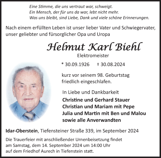 Traueranzeige von Helmut Karl Biehl von WochenSpiegel