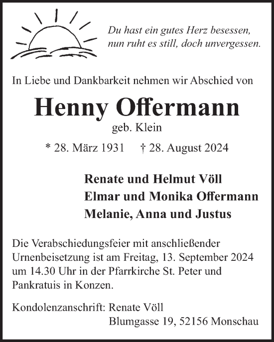 Traueranzeige von Henny Offermann von WochenSpiegel