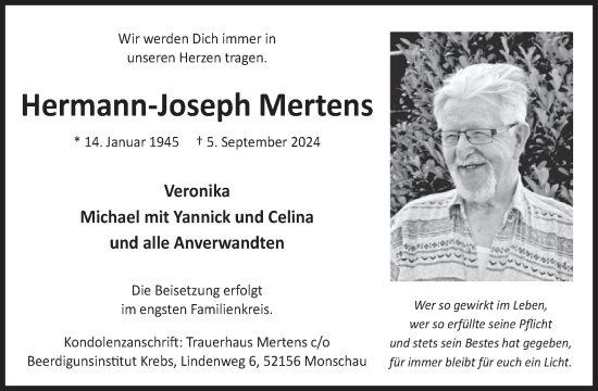 Traueranzeige von Hermann-Joseph Mertens von WochenSpiegel