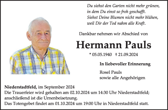 Traueranzeige von Hermann Pauls von WochenSpiegel