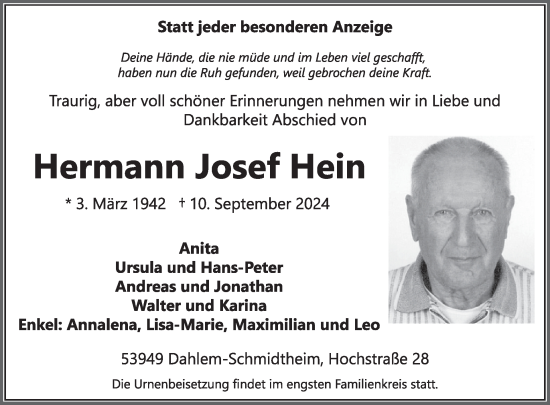 Traueranzeige von Hermann Josef Hein von WochenSpiegel