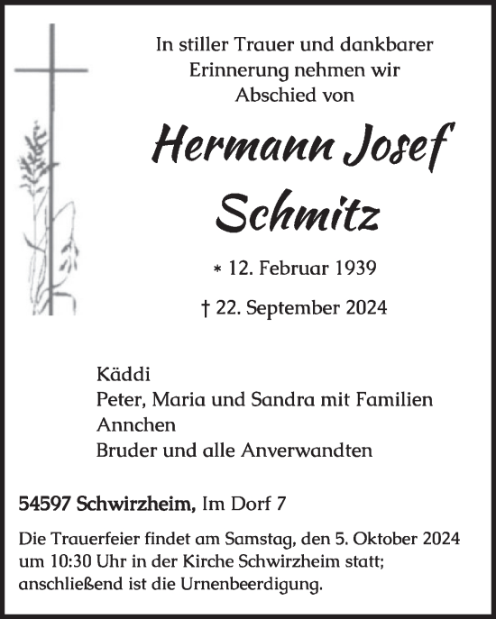 Traueranzeige von Hermann Josef Schmitz von WochenSpiegel