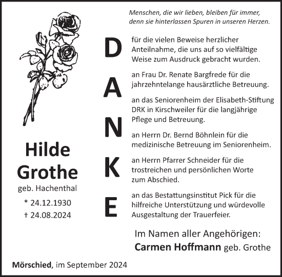 Traueranzeige von Hilde Grothe von WochenSpiegel