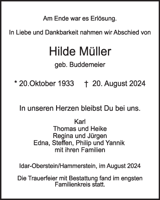 Traueranzeige von Hilde Müller von WochenSpiegel
