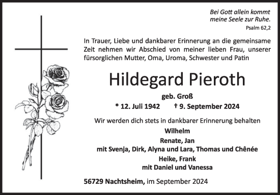 Traueranzeige von Hildegard Pieroth von WochenSpiegel