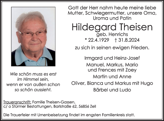 Traueranzeige von Hildegard Theisen von WochenSpiegel