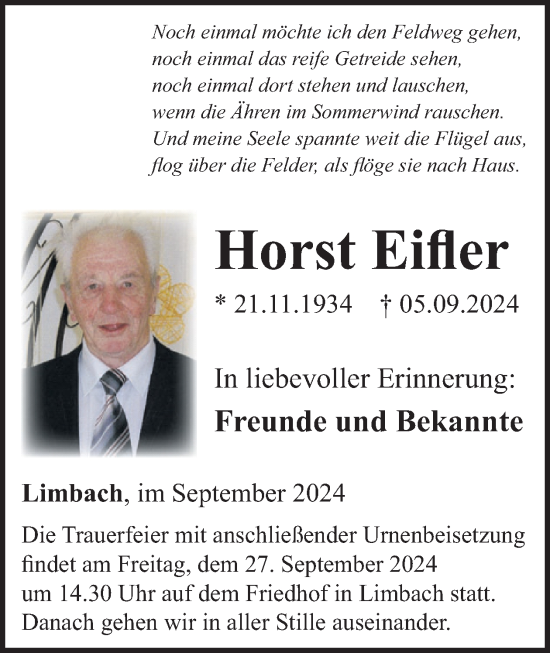 Traueranzeige von Horst Eifler von WochenSpiegel