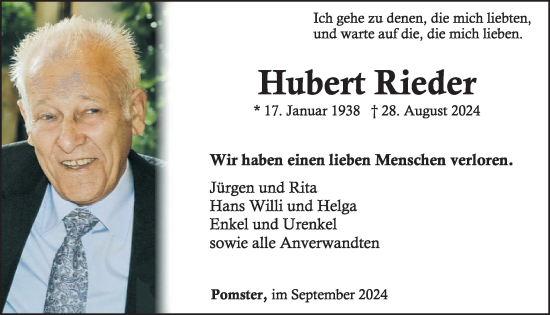 Traueranzeige von Hubert Rieder von WochenSpiegel