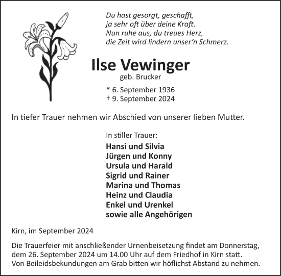 Traueranzeige von Ilse Vewinger von WochenSpiegel