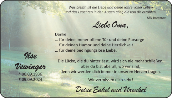 Traueranzeige von Ilse Vewinger von WochenSpiegel