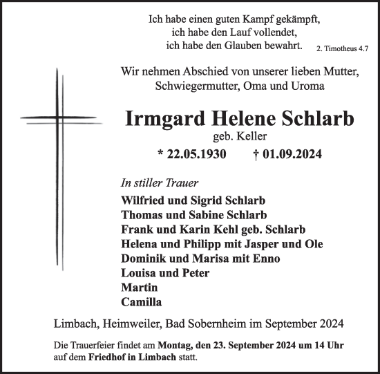 Traueranzeige von Irmgard Helene Schlarb von WochenSpiegel