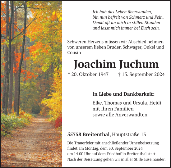 Traueranzeige von Joachim Juchum von WochenSpiegel