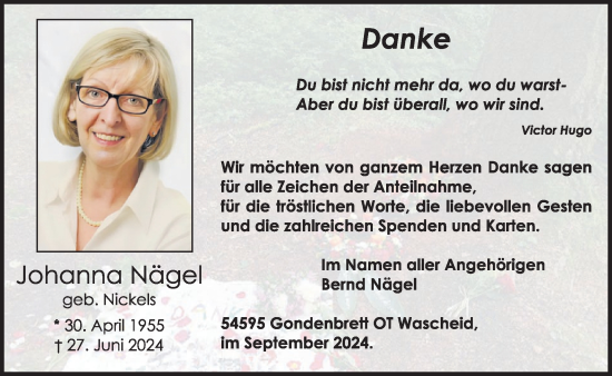 Traueranzeige von Johanna Nägel von WochenSpiegel