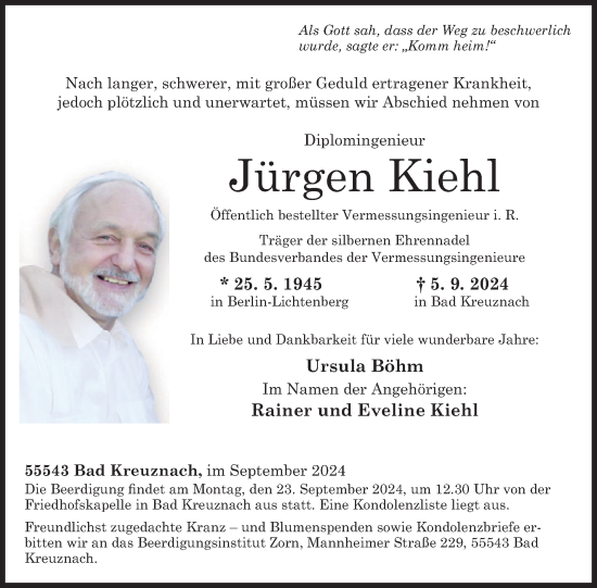 Traueranzeige von Jürgen Kiehl von WochenSpiegel